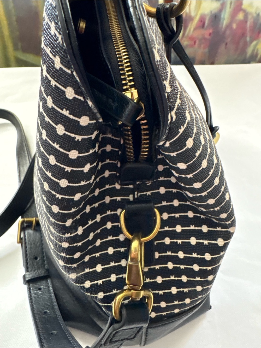 Fossil Convertible Black and White Pattern Satchel with Gold Hardware - Picture 4 of 16
